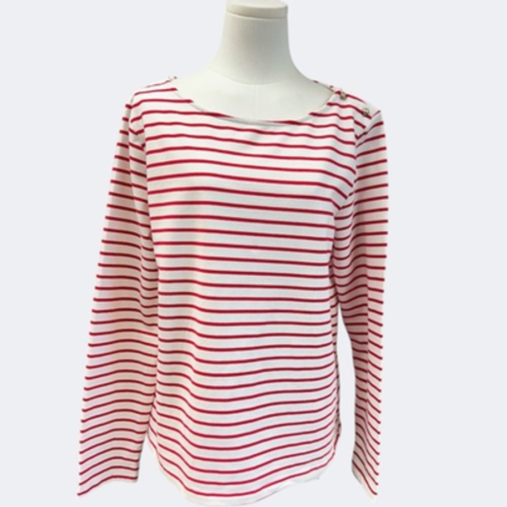 Able Shirt Womens 1X White Red Stripe Long Sleeve Boat Neck Button Jersey Top